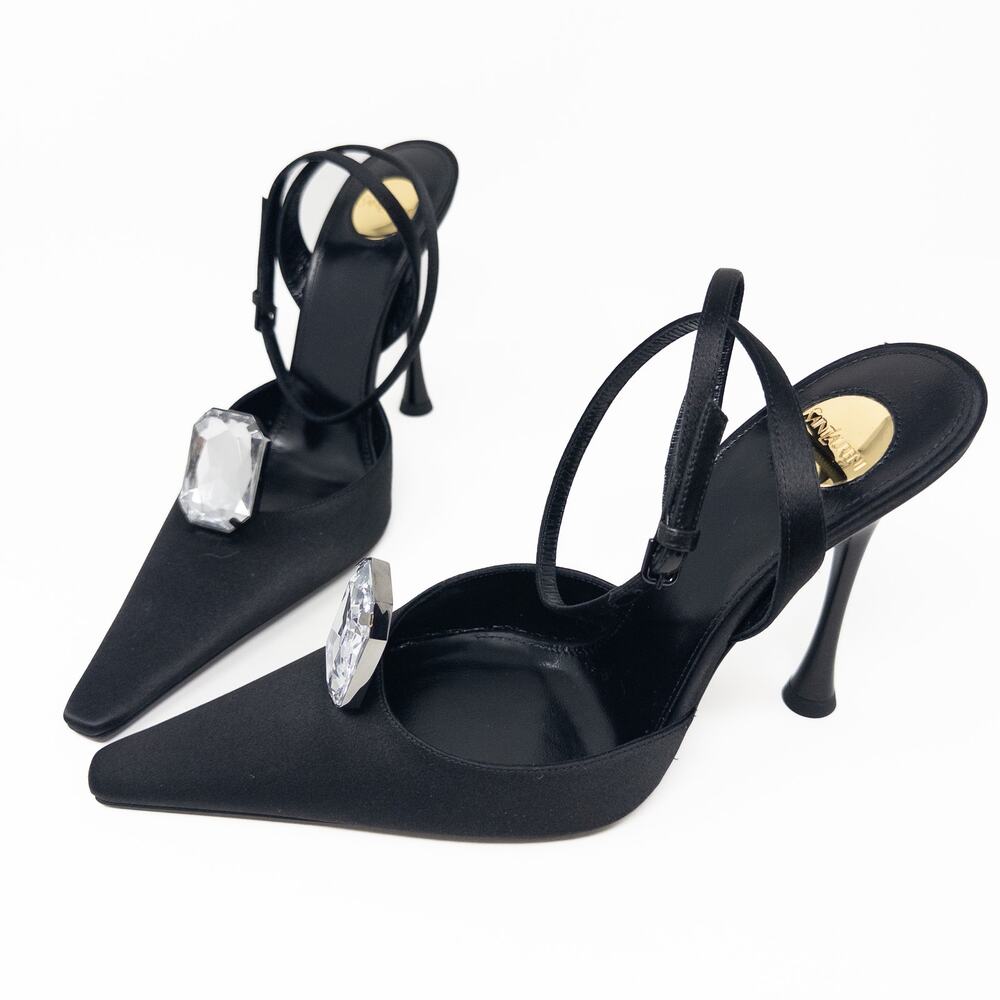 Saint Laurent Doville Black Satin Ankle Strap Heels Jewel Crystal 75mm Size 37